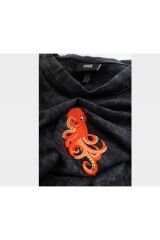 Ahtapot Nakışlı Yıkamalı Oversize T-Shirt L - Siyah