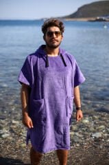 Mor Cepli Kapşonlu Havlu Panço