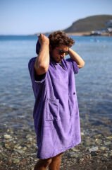 Mor Cepli Kapşonlu Havlu Panço